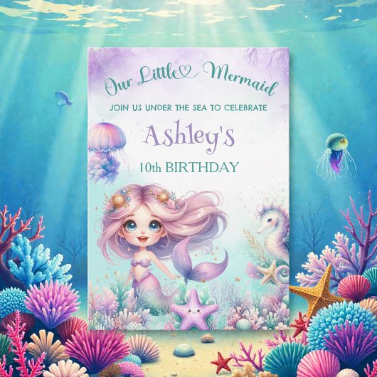 Invitation Watercolor Sea Mermaid Birthday 