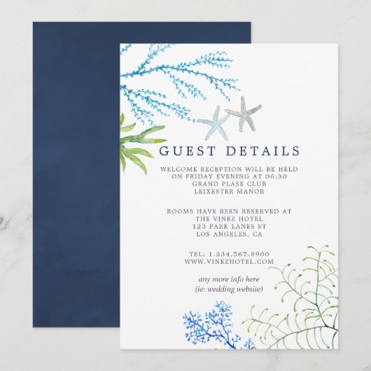 Invitation Watercolor Seaweed Beach Wedding Détails de l'invi (Devant / Derrière)