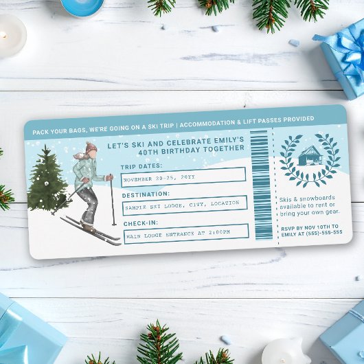 Invitation Watercolor Skier Faux Ski Trip Ticket Birthday