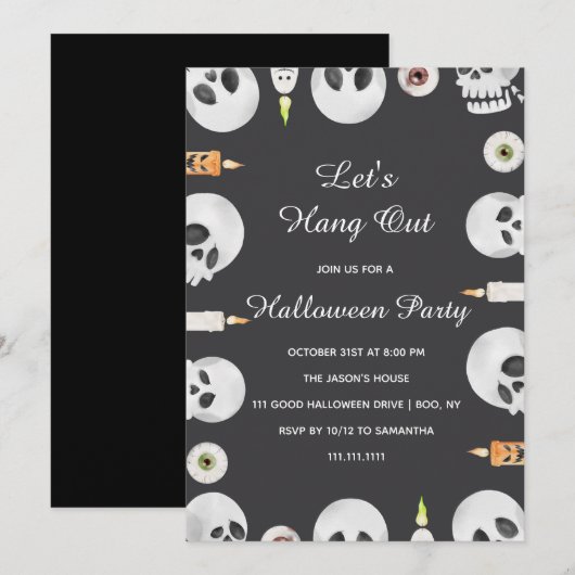 Invitation Watercolor Skull Let's Hang Out Halloween Party (Devant / Derrière)