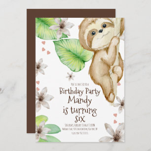 Invitation Watercolor Sloth Hanging Coeur Floral Anniversaire