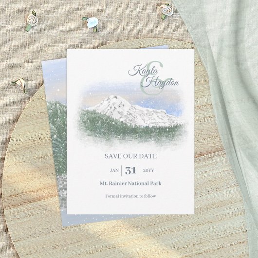 Invitation Watercolor, Snowy Mountain, Winter Wedding