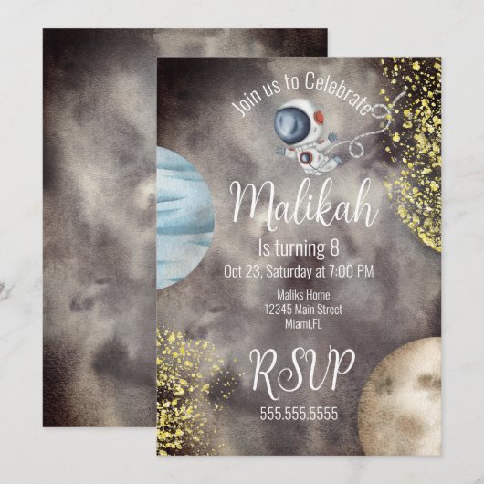 Invitation Watercolor Space Galaxy Planet Sky Anniversaire (Devant / Derrière)
