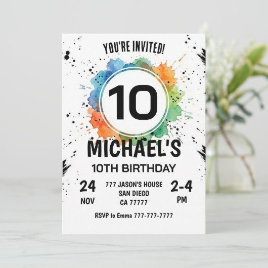 Invitation Watercolor Splash Boy 10th Birthday (Debout devant)