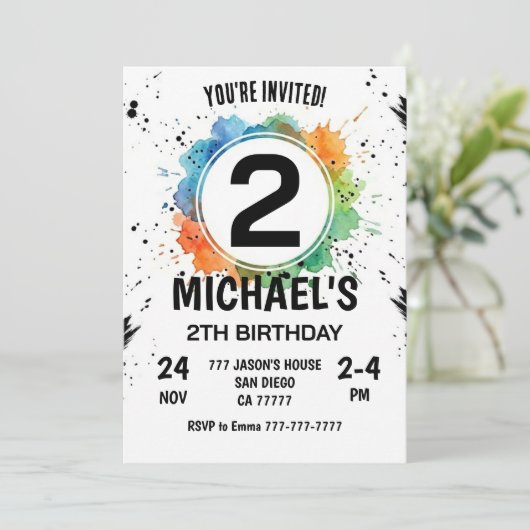Invitation Watercolor Splash Boy 2th Birthday (Debout devant)