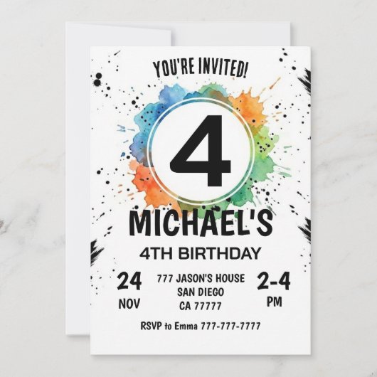 Invitation Watercolor Splash Boy 4th Birthday (Devant)