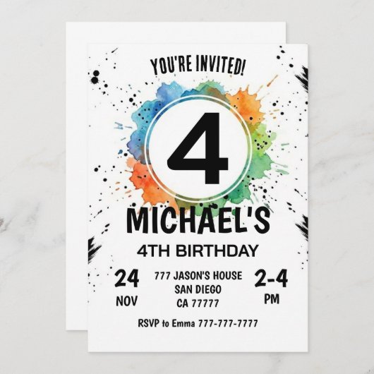 Invitation Watercolor Splash Boy 4th Birthday (Devant / Derrière)