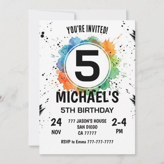 Invitation Watercolor Splash Boy 5th Birthday (Devant)