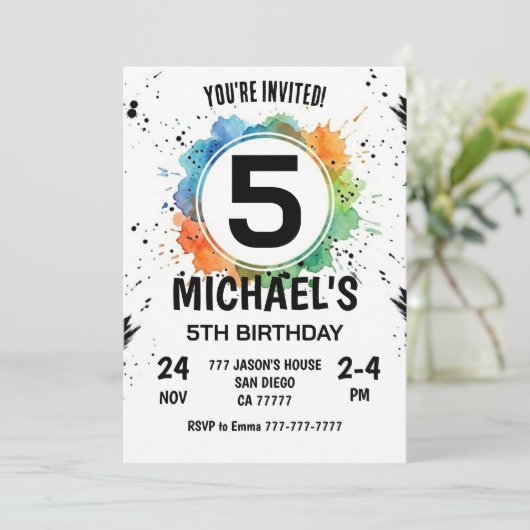 Invitation Watercolor Splash Boy 5th Birthday (Debout devant)