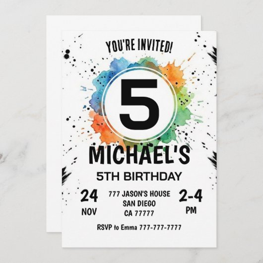Invitation Watercolor Splash Boy 5th Birthday (Devant / Derrière)