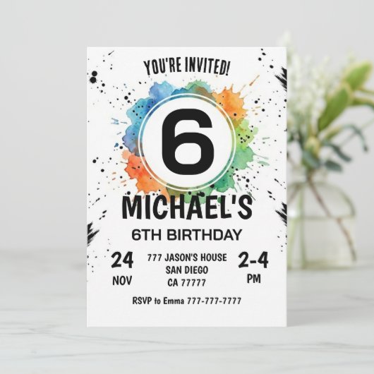 Invitation Watercolor Splash Boy 6th Birthday (Debout devant)