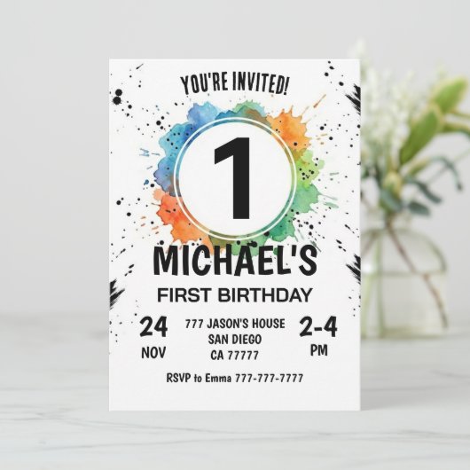 Invitation Watercolor Splash Boy First Birthday (Debout devant)