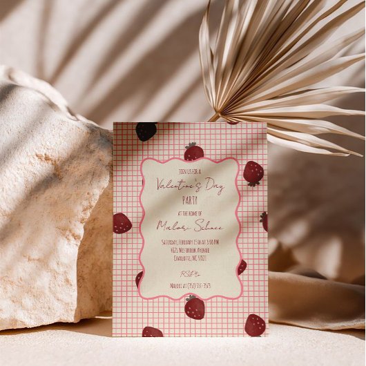 Invitation Watercolor Strawberries on Pink Grid- Valentine