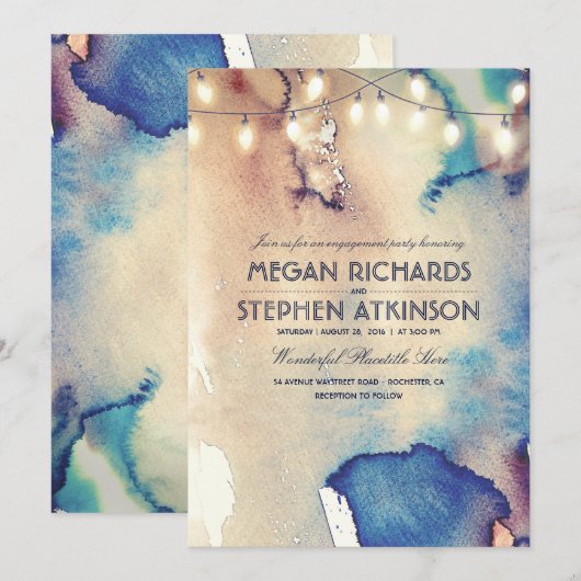 Invitation Watercolor String Lights Beach Engagement (Devant / Derrière)