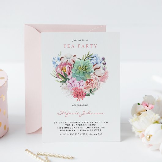 Invitation Watercolor Succulente Floral Heart Bridal Tea Part