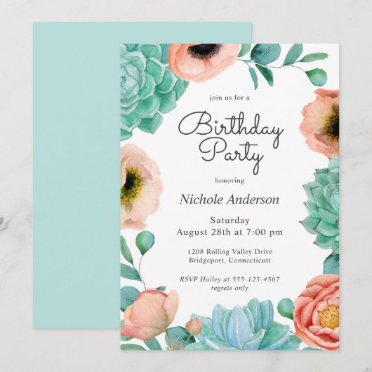 Invitation Watercolor Succulents Floral Anniversaire (Devant / Derrière)