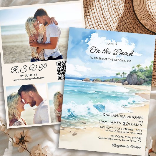 Invitation Watercolor Summer Beach Photo Wedding RSVP &