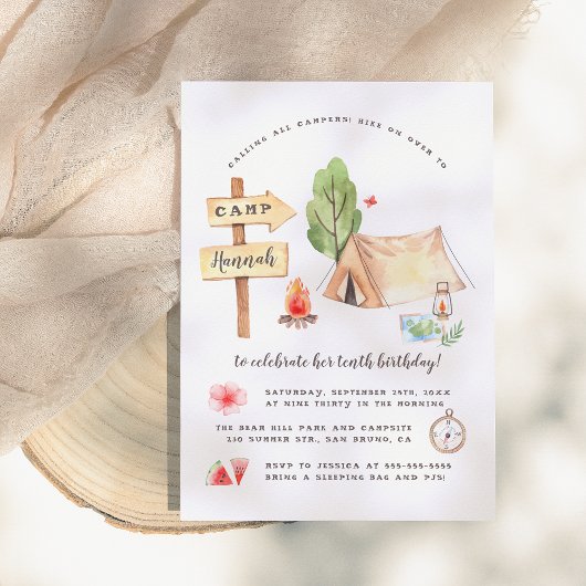 Invitation Watercolor Summer Camping Girls Birthday Party
