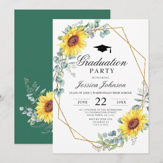 Invitation Watercolor Sunflower Eucalyptus Graduation Party (Devant / Derrière)