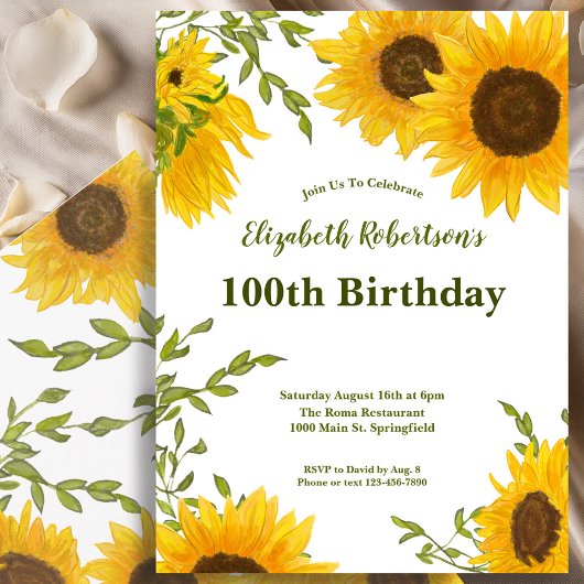 Invitation Watercolor Sunflowers Women's 100th Birthday