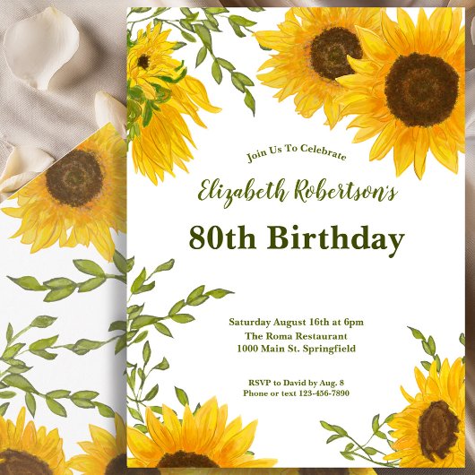Invitation Watercolor Sunflowers Women's 80th Birthday