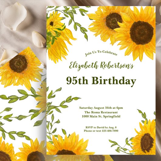 Invitation Watercolor Sunflowers Women's 95th Birthday 