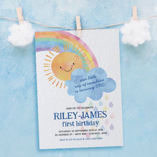 Invitation Watercolor Sunshine et Rainbow Birthday