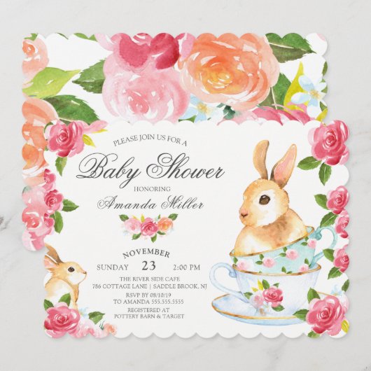 Invitation Watercolor Sweet Bunny Baby shower Tea Party (Devant / Derrière)