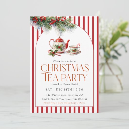 Invitation Watercolor Teapot Christmas Tea Party (Debout devant)
