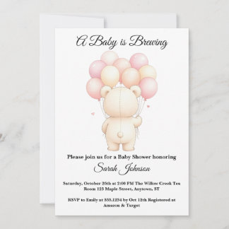 Invitation Watercolor Teddy Bear Balloons Pink Baby Shower