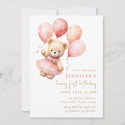 Invitation Watercolor Teddy Bear Girl 1st Birthday (Devant)