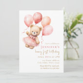 Invitation Watercolor Teddy Bear Girl 1st Birthday (Debout devant)