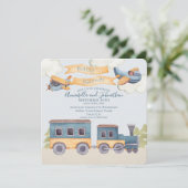 Invitation Watercolor Train et avions Baby Boy Blue (Debout devant)