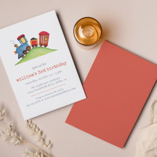 Invitation Watercolor Train Red Blue Pastel Anniversaire