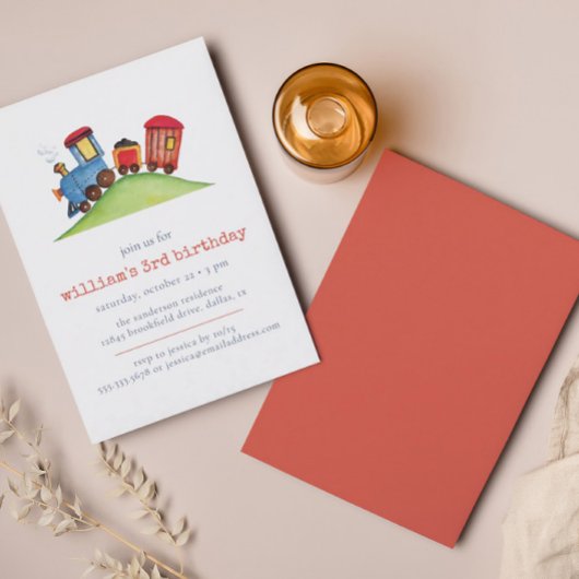 Invitation Watercolor Train Red Blue Pastel Anniversaire