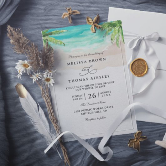 Invitation Watercolor Tropical Beach Palm QR Code Wedding
