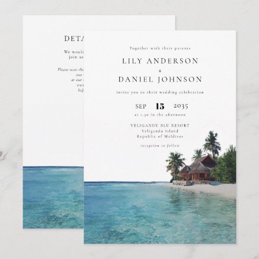 Invitation Watercolor Tropical Beach QR Code Wedding (Devant / Derrière)