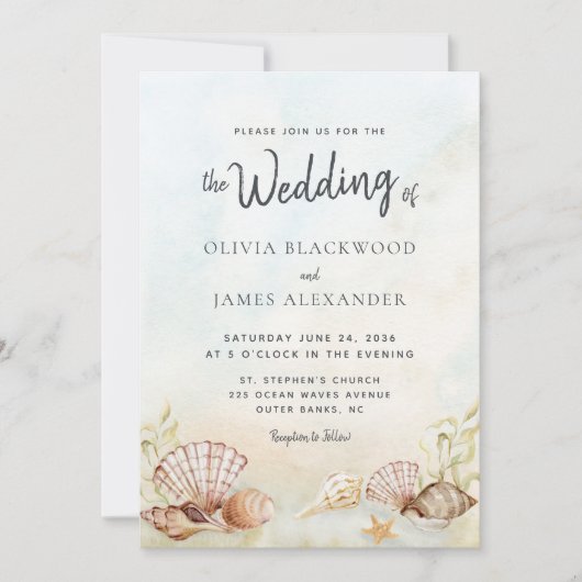 Invitation Watercolor Tropical Beach Seashells Mariage (Devant)