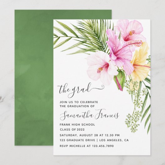 Invitation Watercolor Tropical Floral Beach Graduation Party (Devant / Derrière)
