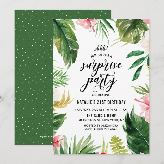 Invitation Watercolor Tropical Floral Frame Surprise Party (Devant / Derrière)