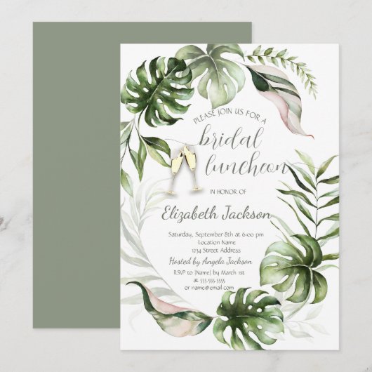 Invitation Watercolor Tropical Leaves Greenery  (Devant / Derrière)