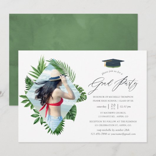 Invitation Watercolor Tropical Summer Beach Graduation Party (Devant / Derrière)