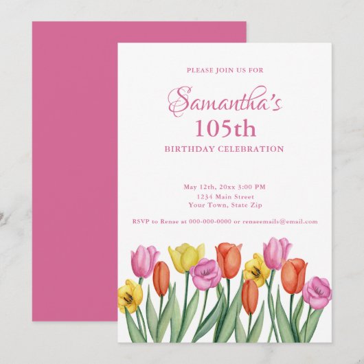 Invitation Watercolor Tulips 105th Birthday Party (Devant / Derrière)