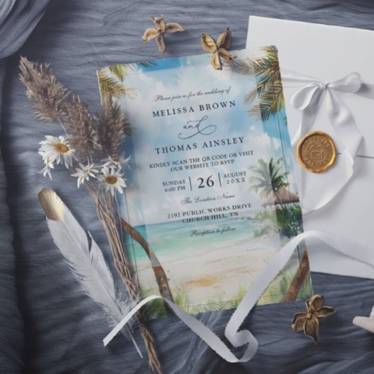 Invitation Watercolor Tulum Tropical Beach QR Code Wedding