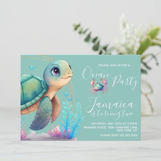 Invitation Watercolor Turtle Ocean Beach Fête d'anniversaire (Debout devant)