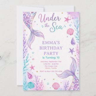 Invitation Watercolor Under the Sea Mermaid Birthday Invitati
