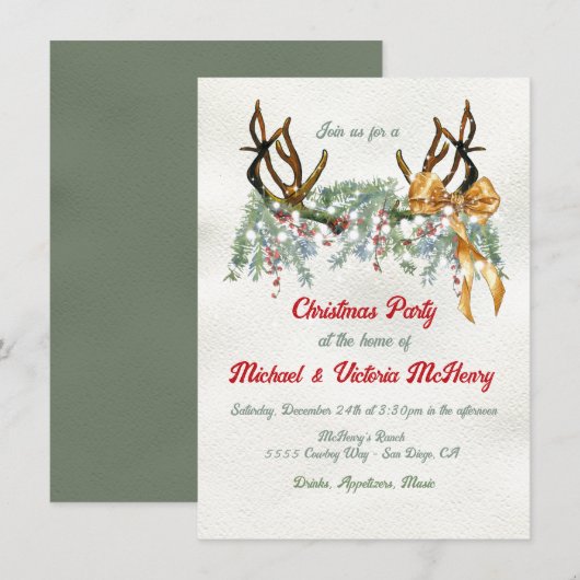 Invitation Watercolor Western Antler Noël Party (Devant / Derrière)
