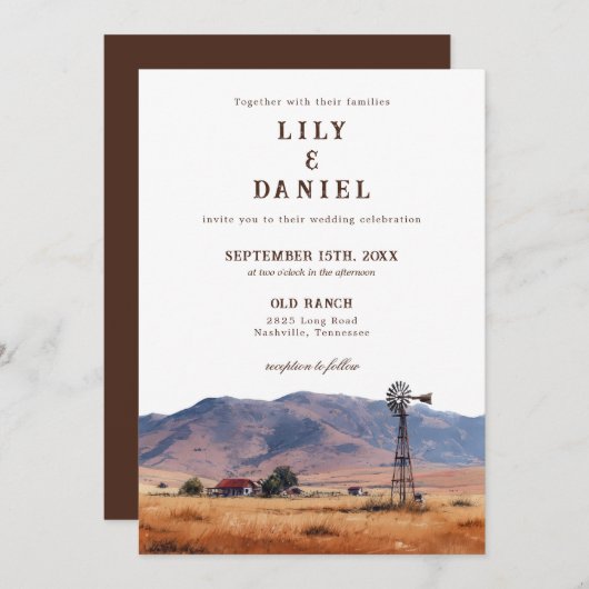 Invitation Watercolor Western Mountain Cowboy Ranch Wedding (Devant / Derrière)