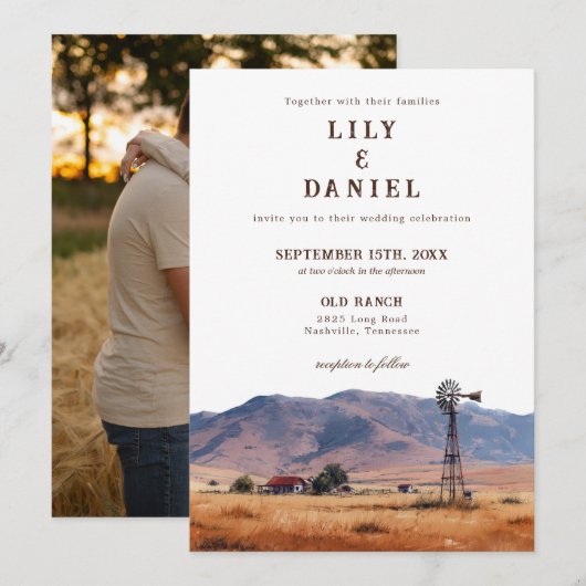 Invitation Watercolor Western Mountain Ranch Photo Wedding (Devant / Derrière)