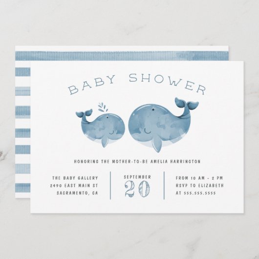 Invitation Watercolor Whale Boy's Blue Baby shower (Devant / Derrière)